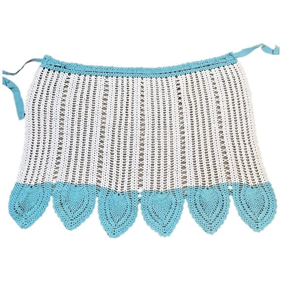 Vintage Crocheted Half Apron White Turquoise Crochet Handmade Ties at Waist - Picture 4 of 5